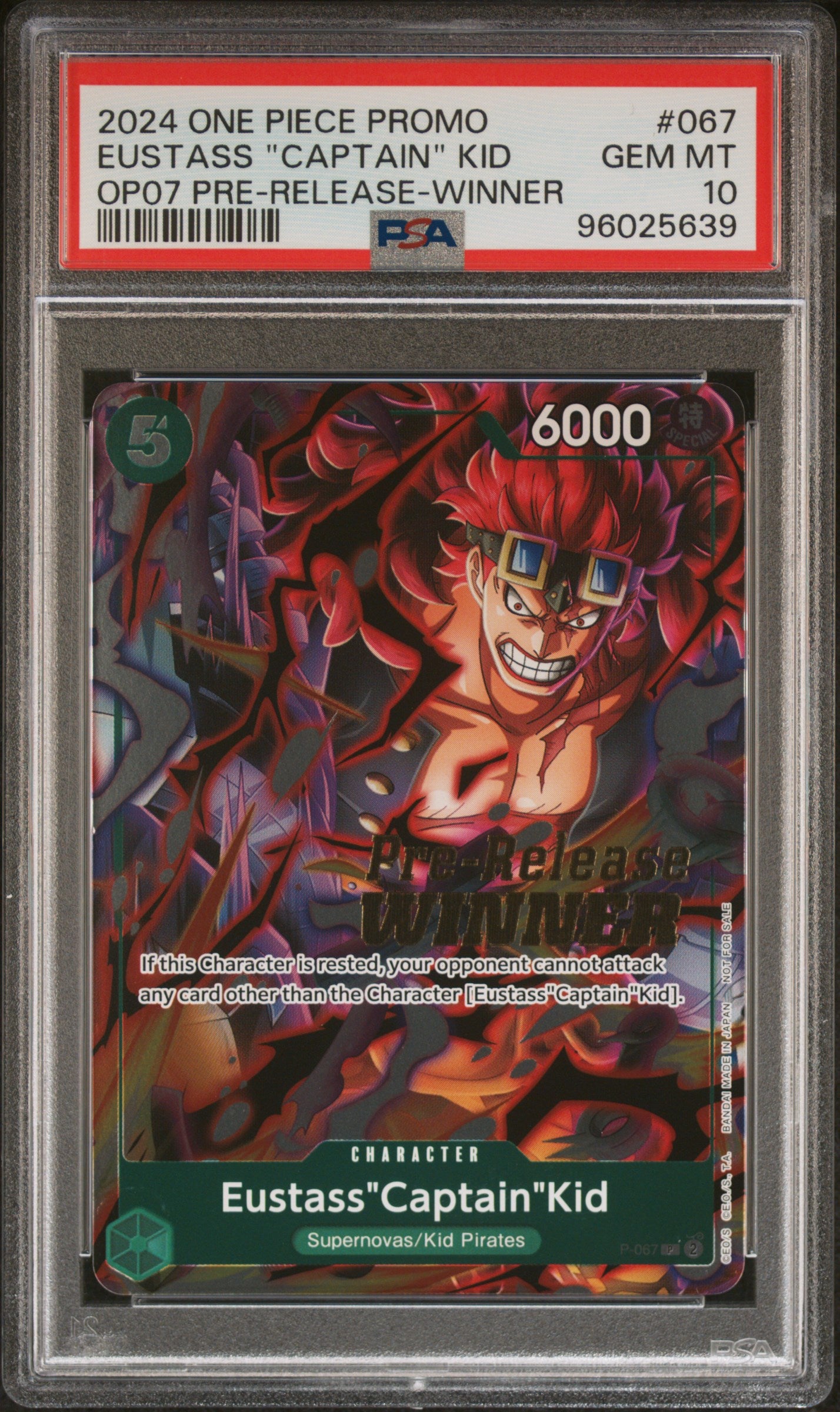 PSA GEM MT 10 - 2024 ONE PIECE PROMOS #067 EUSTASS "CAPTAIN" KID OP07 PRE-RELEASE-WINNER - PokéBox Australia
