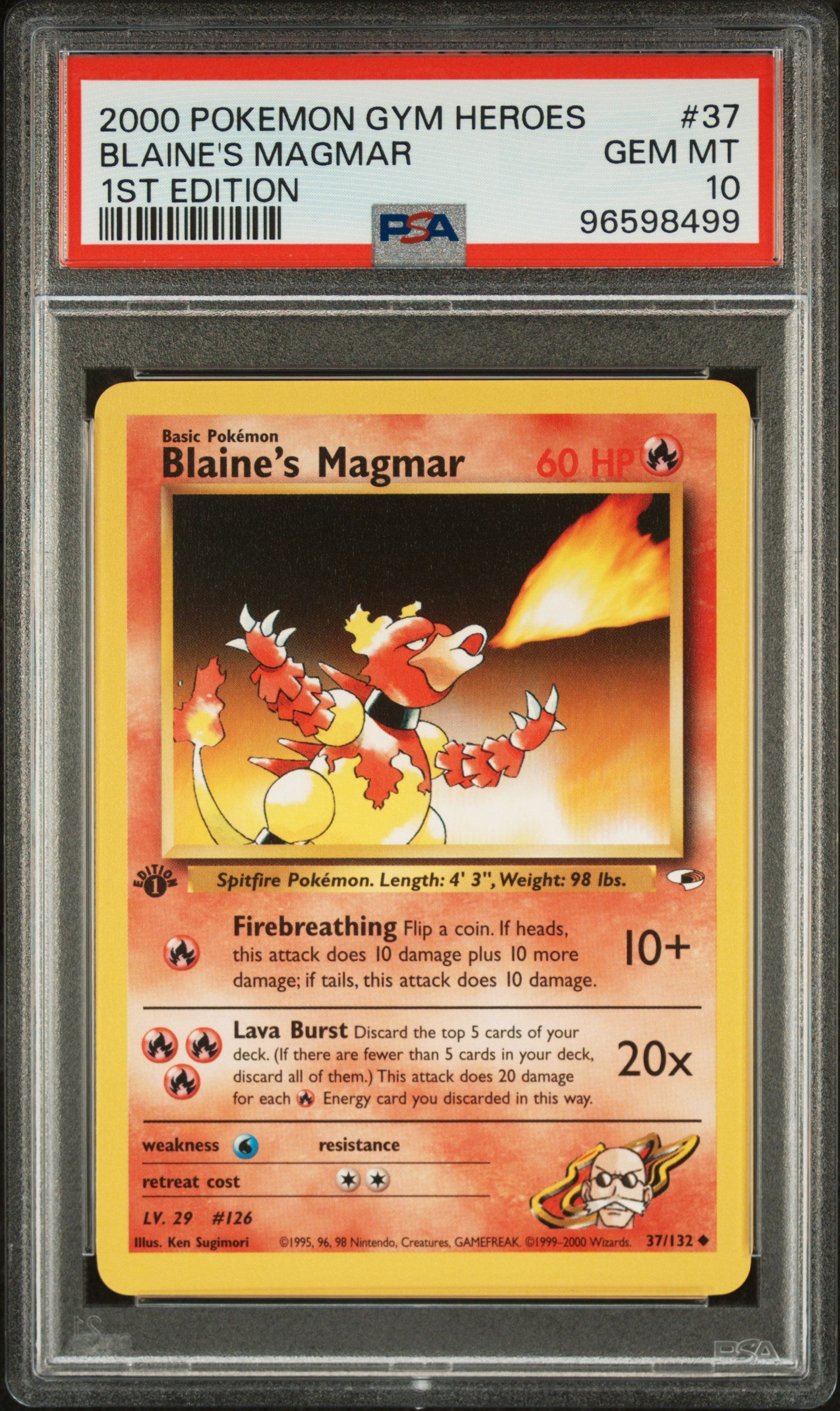 PSA GEM MT 10 - 2000 POKEMON GYM HEROES #37 BLAINE'S MAGMAR 1ST EDITION - PokéBox Australia