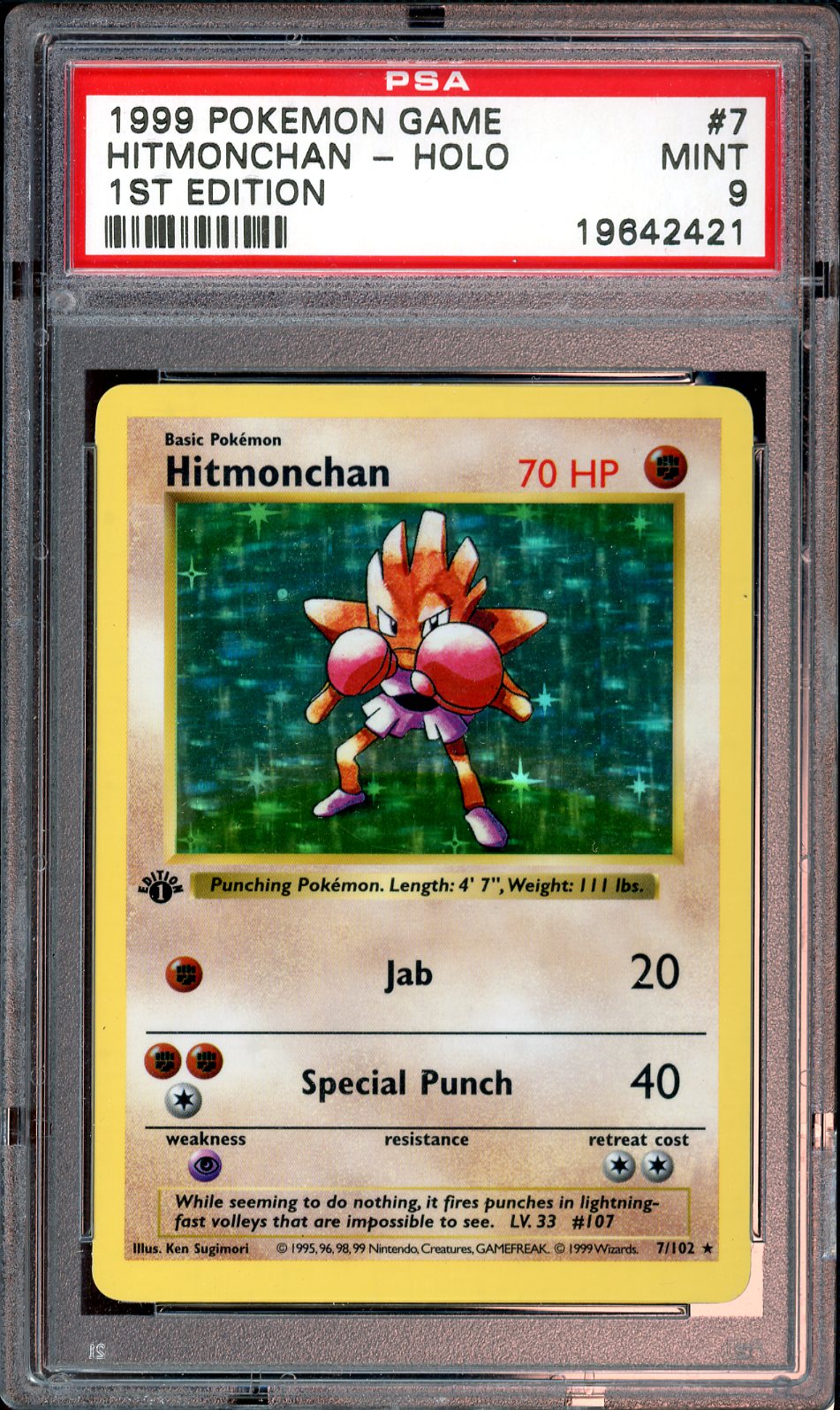 PSA MINT 9 - 1999 POKEMON BASE SET #7 HITMONCHAN-HOLO 1ST EDITION - PokéBox Australia
