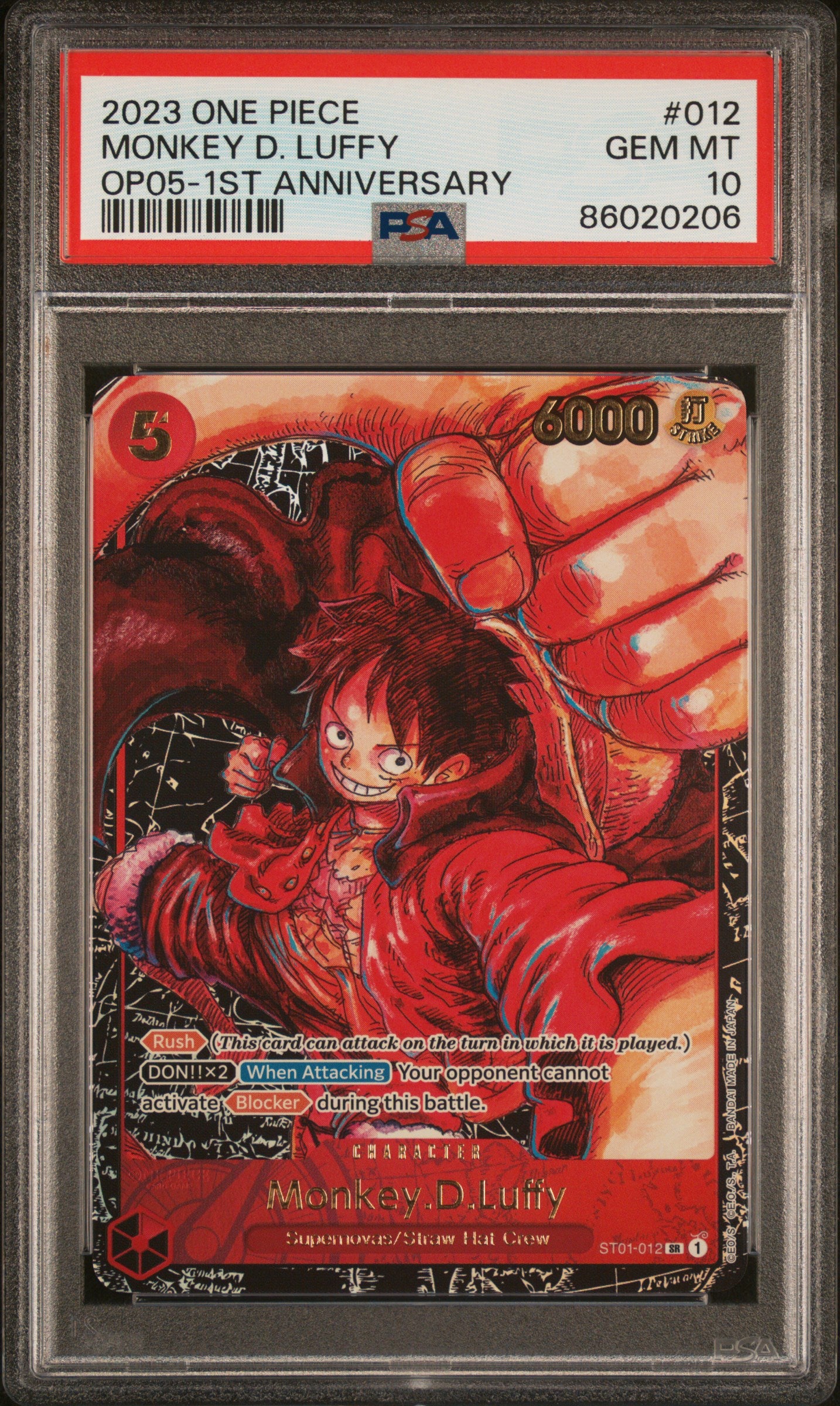 PSA GEM MT 10 - 2023 ONE PIECE OP05-AWAKENING OF THE NEW ERA #012 MONKEY D. LUFFY 1ST ANNIVERSARY - PokéBox Australia