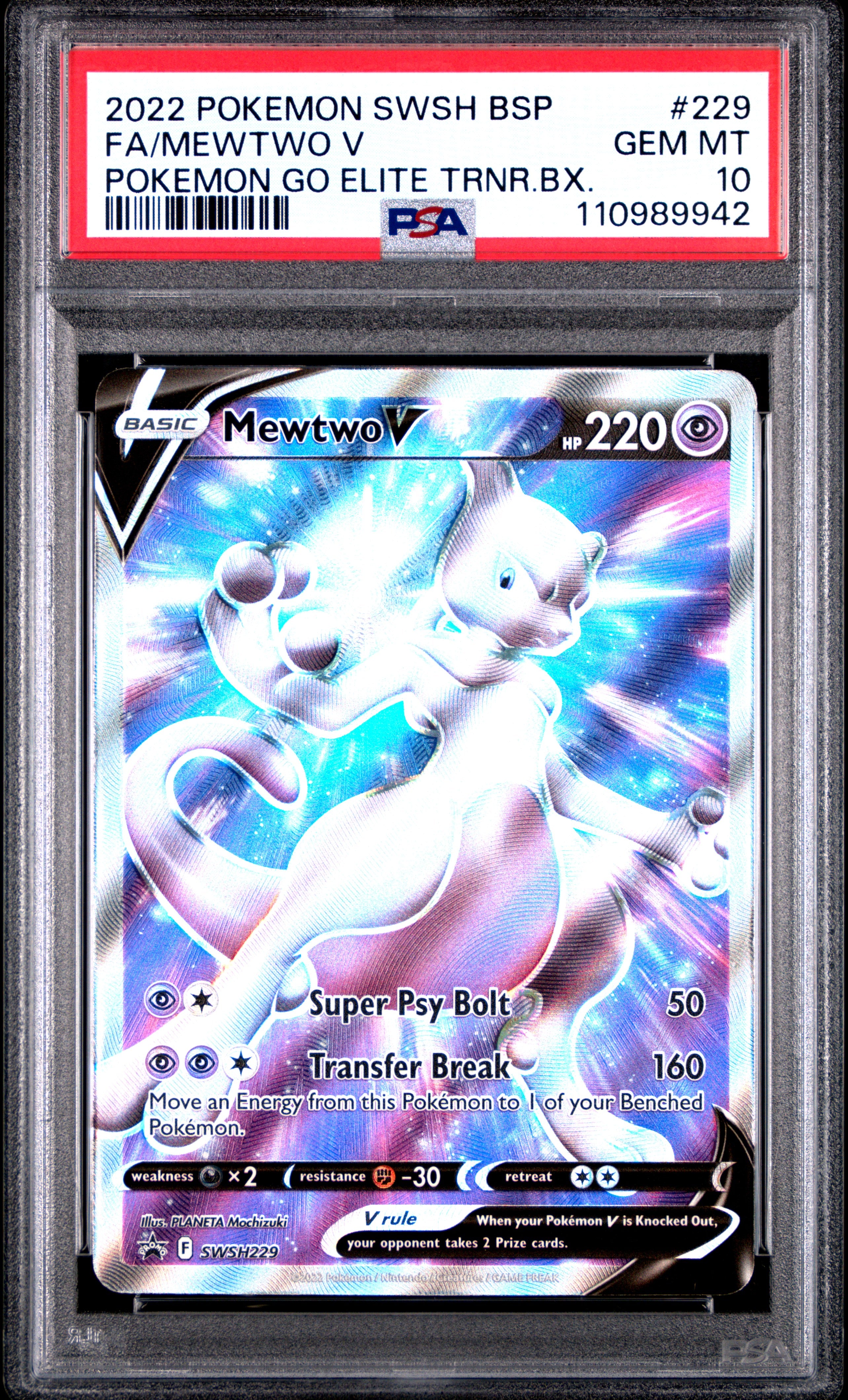 PSA GEM MT 10 - 2022 POKEMON SWSH BLACK STAR PROMO #229 FA/MEWTWO V POKEMON GO ELITE TRNR.BX. - PokéBox Australia