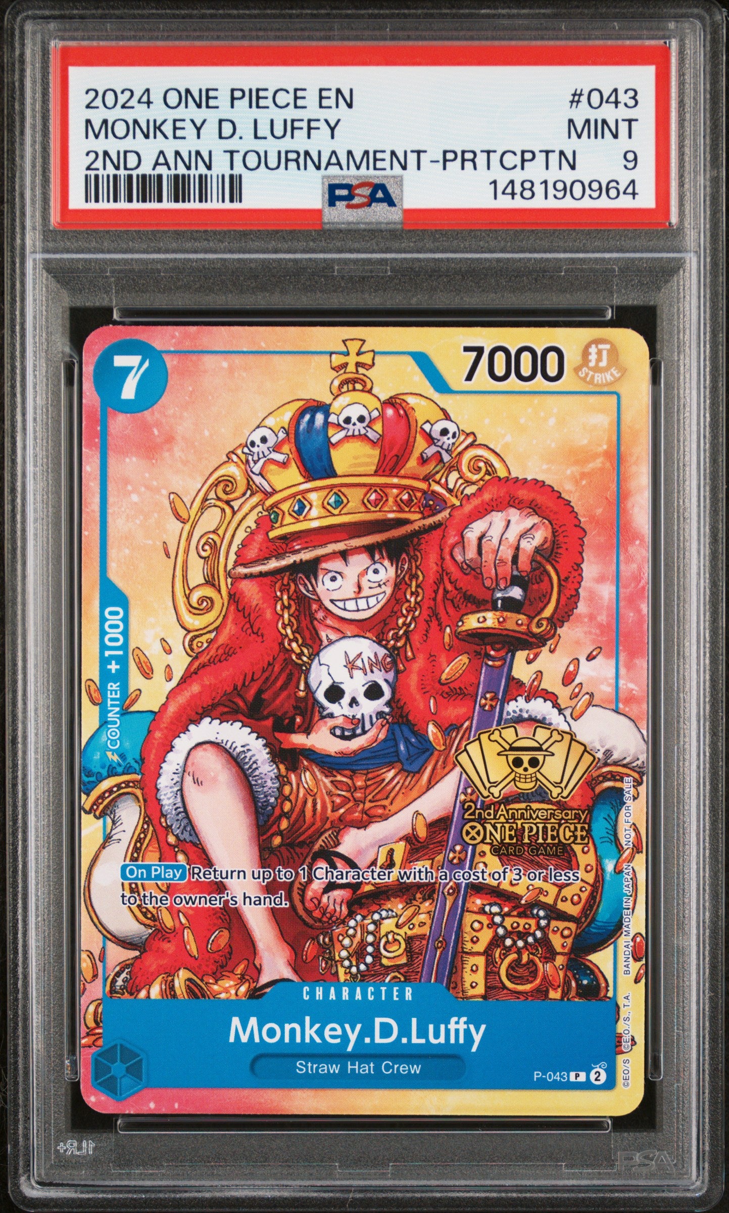 PSA MINT 9 - 2024 ONE PIECE PROMOS #043 MONKEY D. LUFFY 2ND ANN TOURNAMENT-PRTCPTN - PokéBox Australia