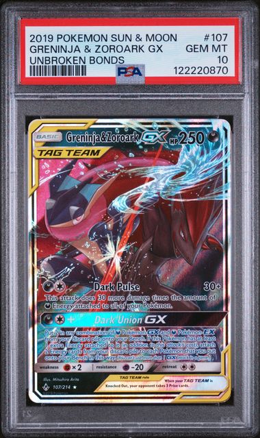 PSA GEM MT 10 - GRENINJA & ZOROARK GX UNBROKEN BONDS 2019 POKEMON SUN & MOON UNBROKEN BONDS - PokéBox Australia