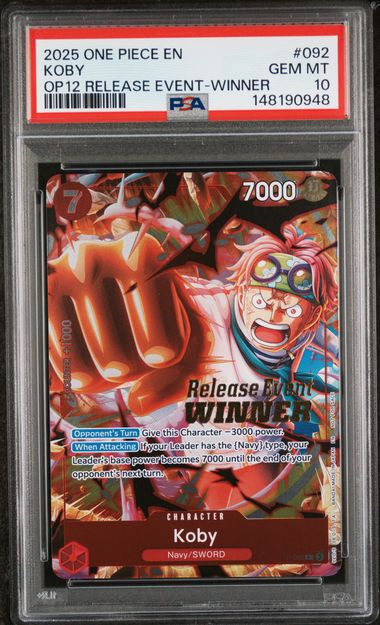PSA GEM MT 10 - 2025 ONE PIECE PROMOS #092 KOBY OP12 RELEASE EVENT-WINNER - PokéBox Australia
