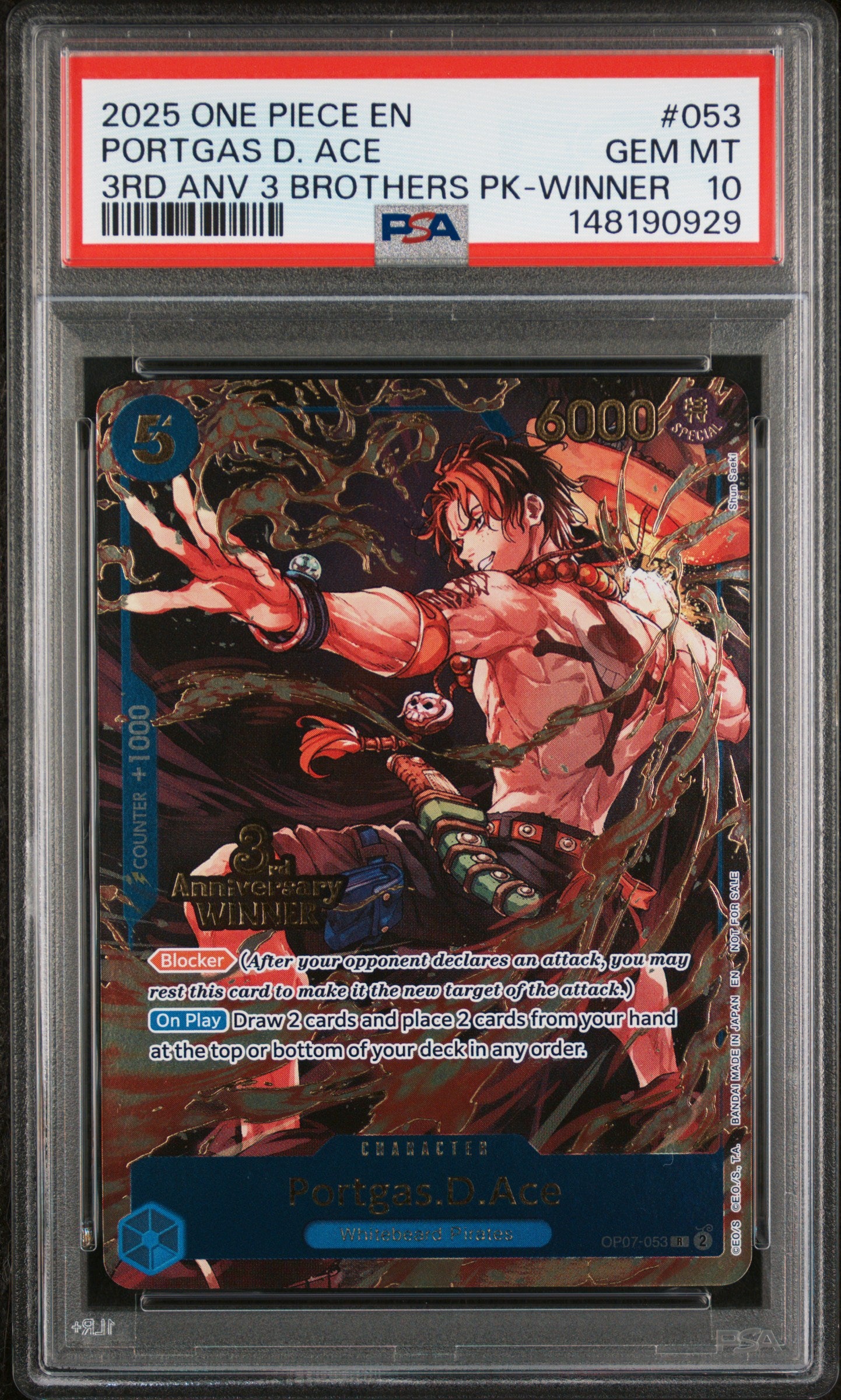 PSA GEM MT 10 - 2025 ONE PIECE 3RD ANNIVERSARY TOURNAMENT 3 BROTHERS PACK #053 PORTGAS D. ACE 3RD ANV 3 BROTHERS PK-WINNER - PokéBox Australia