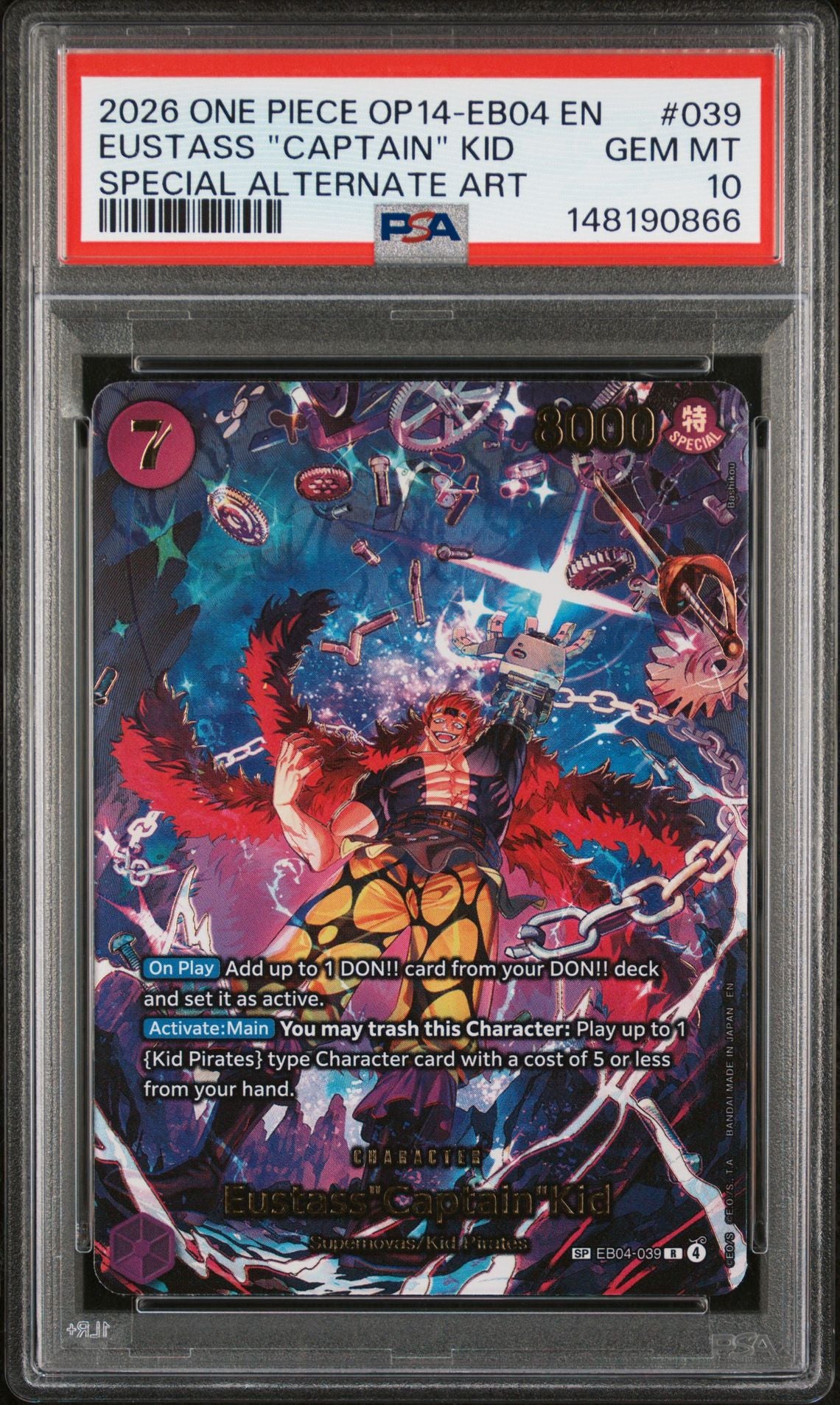 PSA GEM MT 10 - 2026 ONE PIECE OP14-EB04-THE AZURE SEA'S SEVEN #039 EUSTASS "CAPTAIN" KID SPECIAL ALTERNATE ART