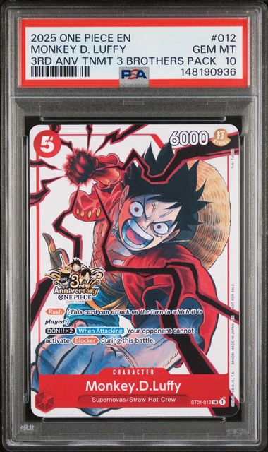 PSA GEM MT 10 - 2025 ONE PIECE 3RD ANNIVERSARY TOURNAMENT 3 BROTHERS PACK #012 MONKEY D. LUFFY - PokéBox Australia