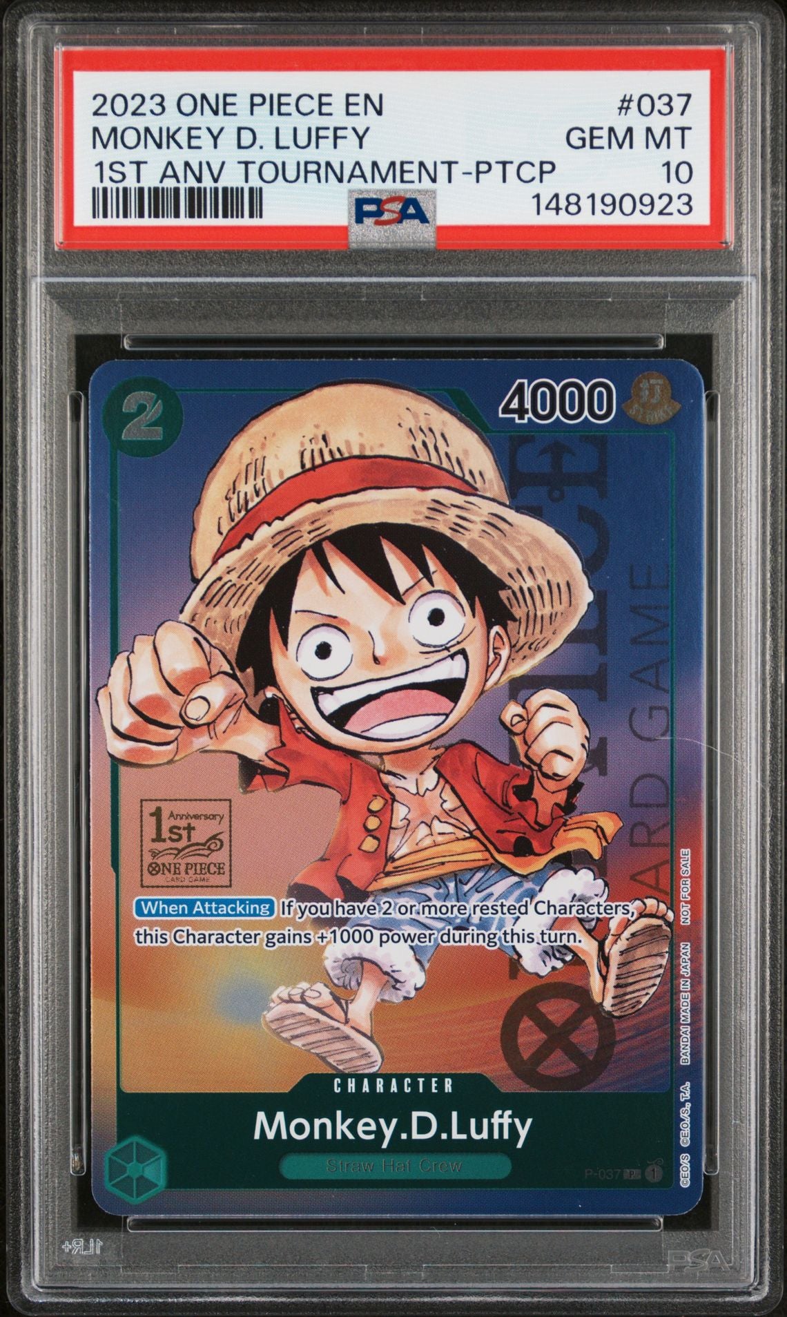 PSA GEM MT 10 - 2023 ONE PIECE PROMOS #037 MONKEY D. LUFFY 1ST ANV TOURNAMENT-PTCP