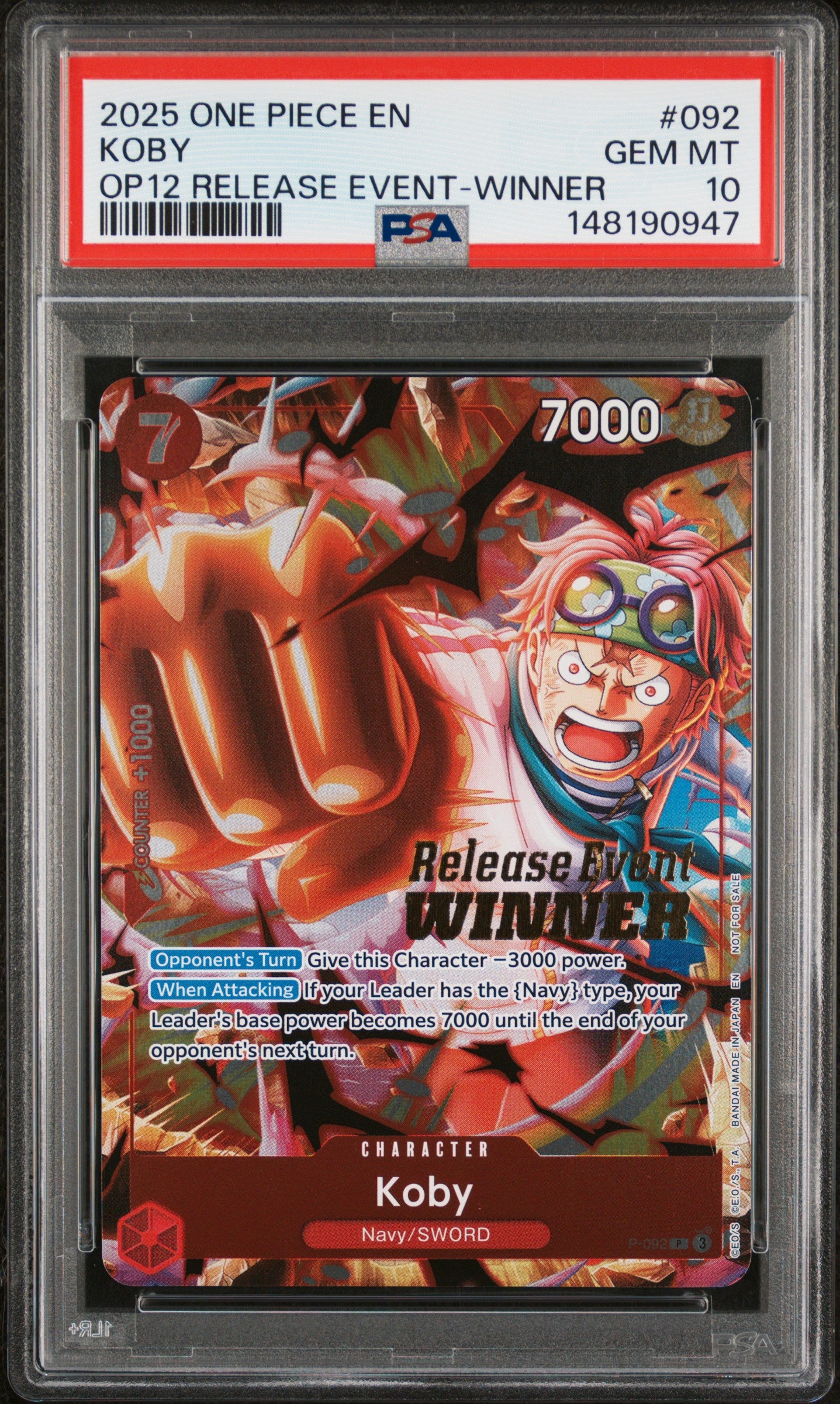 PSA GEM MT 10 - 2025 ONE PIECE PROMOS #092 KOBY OP12 RELEASE EVENT-WINNER - PokéBox Australia