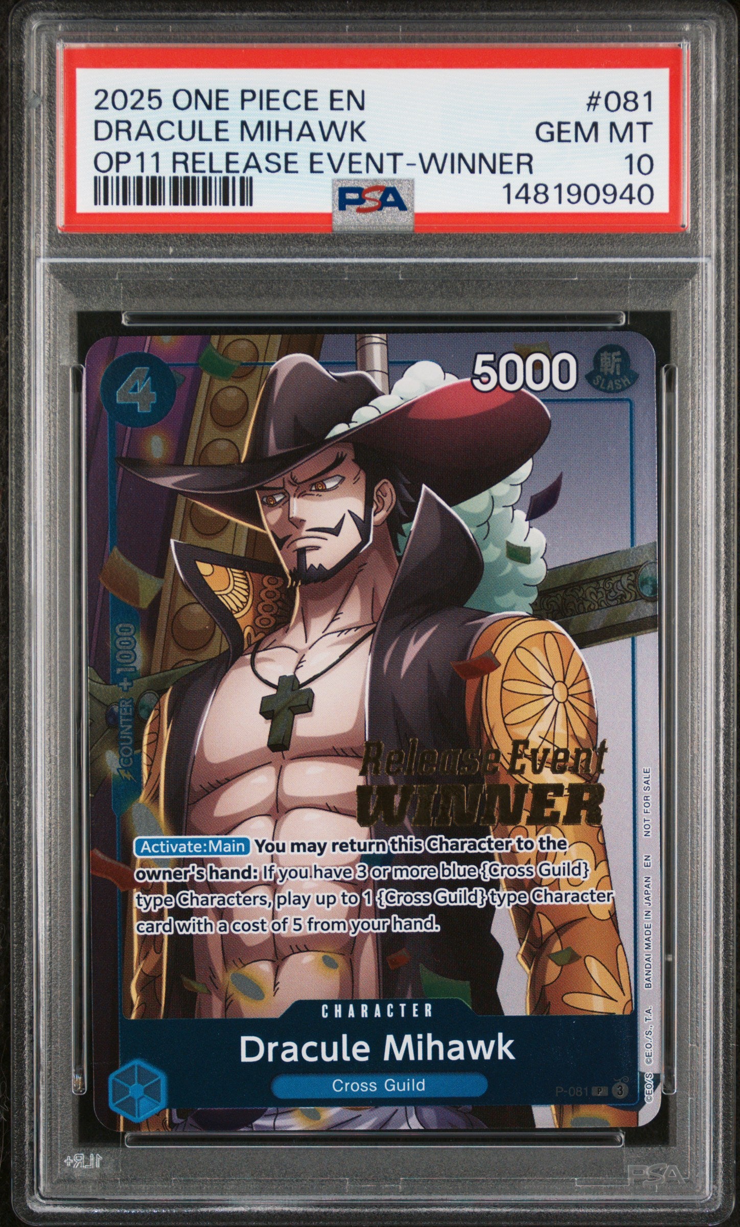 PSA GEM MT 10 - 2025 ONE PIECE PROMOS #081 DRACULE MIHAWK OP11 RELEASE EVENT-WINNER - PokéBox Australia